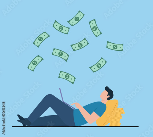 Relaxed digital lifestyle, earning passive income online, financial freedom through remote work and smart investments