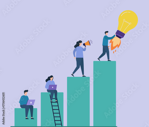 A visual journey of growth—teamwork, communication, and innovation rising step-by-step toward a bright idea
