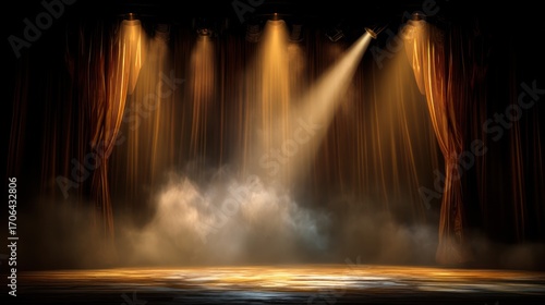Dramatic stage with golden curtains spotlights and fog creating an ethereal atmosphere
