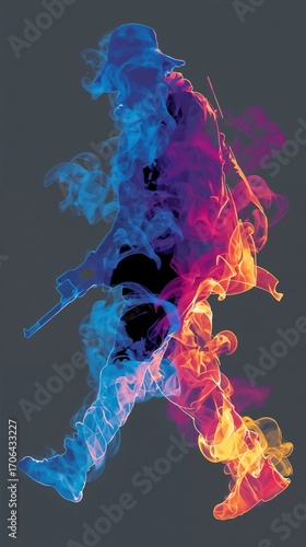 Abstract Soldier Silhouette Created from Colorful Smoke and Fire
