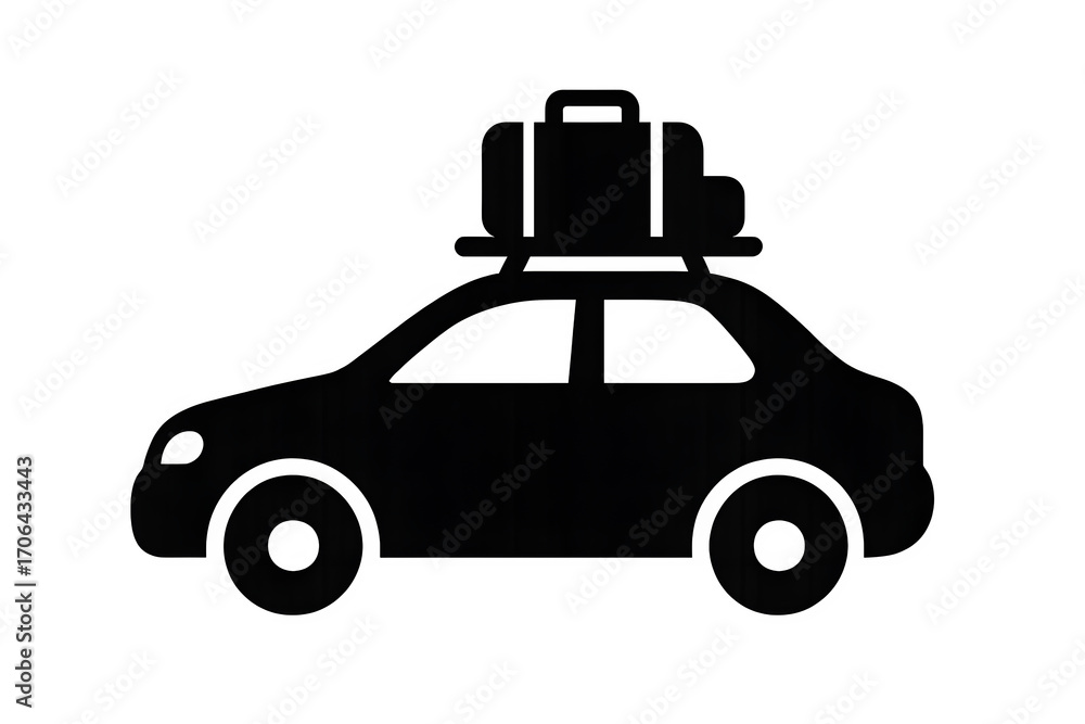 Fototapeta premium Travel car with suitcases on roof silhouette vector icon for tourism and vacation isolated on white background