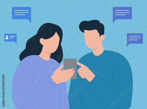 Two faceless characters engage in digital conversation via smartphone, symbolizing modern communication and social interaction