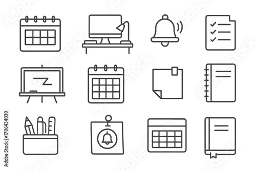 Educational Icons Collection. Line style icons of educational routine: study planner, desk setup, class bell, checklist;