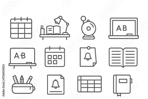 Educational Icons Collection. Line style icons of educational routine: study planner, desk setup, class bell, checklist;