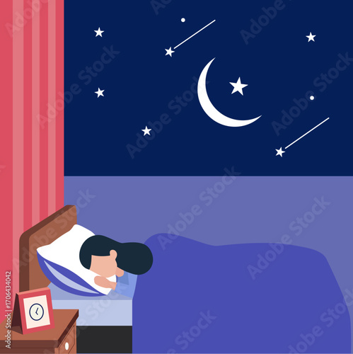 Peaceful nighttime scene with a sleeping figure, cozy room, and dreamy sky—evoking rest, calm, and bedtime serenity