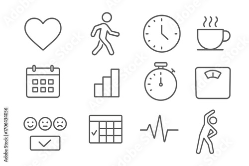 Wellness Routine Icons. Line style icons of wellness and routine: heart, walking, clock, coffee; calendar, steps icon, timer,