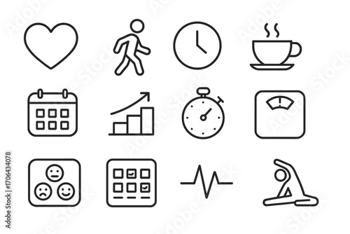 Wellness Routine Icons. Line style icons of wellness and routine: heart, walking, clock, coffee; calendar, steps icon, timer,