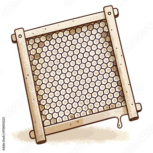 Honeycomb frame with hexagonal cells and dripping honey  