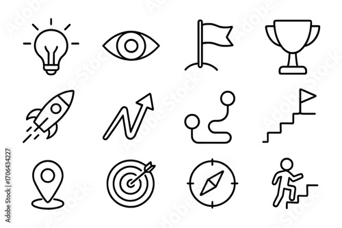 Purpose-Driven Icons Set. Line style icons of purpose-driven success: light bulb, vision eye, flag icon, trophy; rocket, creative