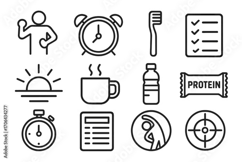 Morning Routine Icons. Line style icons of strong morning start: exercise icon, alarm, toothbrush, checklist; sunrise, coffee mug,