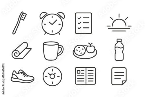 Morning Routine Icons. Line style icons of early day preparation: toothbrush, alarm clock, checklist, sunrise; exercise mat,