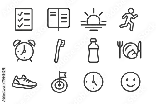 Morning Routine Icons. Line style icons of effective daily start: checklist, planner, sunrise, exercise icon; alarm clock,
