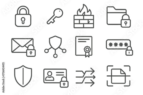 Secure Data Icons. Line style icons of secure data flow: lock icon, encryption key, firewall wall, secure folder; private message,