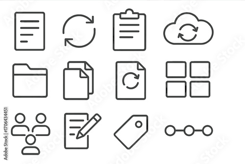 Document Sync Icons. Line style icons of content and document sync: file list, update arrows, clipboard, cloud sync; folder view,
