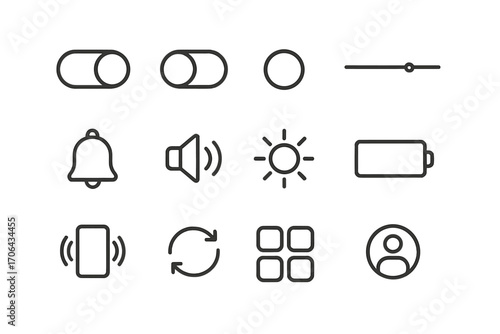 App Control Icons. Line style icons of app controls: toggle on, toggle off, radio option, slider bar; notification toggle, volume