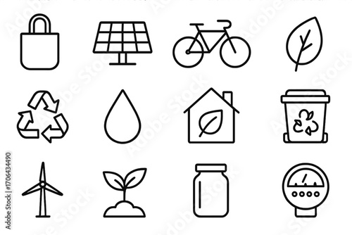 Sustainable Living Icons. Line style icons of sustainable living essentials: reusable bag, solar panel, bicycle, leaf icon;