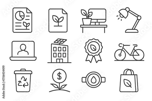 Green Business Icons. Line style icons of green business practices: sustainability report, paperless doc, plant in office, LED