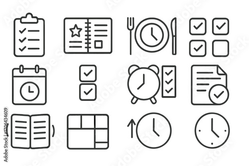 Productivity Routine Icons. Line style icons of daily productivity routines: morning checklist, evening planning, lunch break