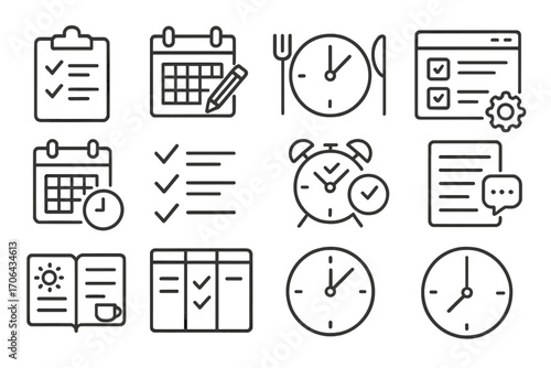 Productivity Routine Icons. Line style icons of daily productivity routines: morning checklist, evening planning, lunch break