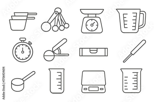 Measuring Tools Icons. Line style icons of measuring tools: measuring cups, measuring spoons, kitchen scale, liquid measuring jug;