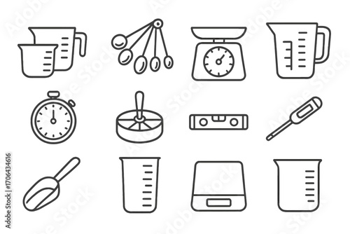 Measuring Tools Icons. Line style icons of measuring tools: measuring cups, measuring spoons, kitchen scale, liquid measuring jug;