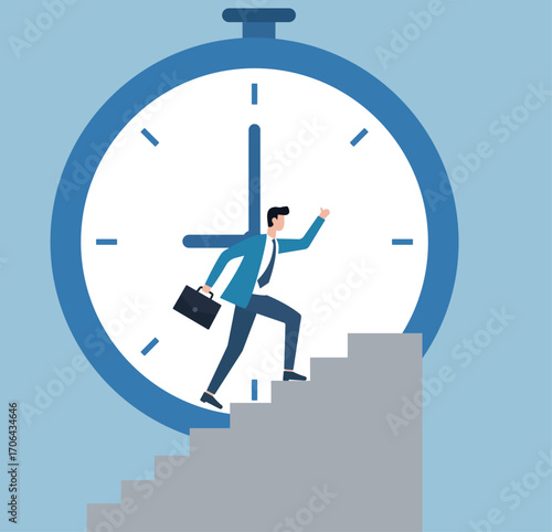 A determined businessman climbs stairs toward success, framed by a clock—symbolizing ambition, time management, and career growth