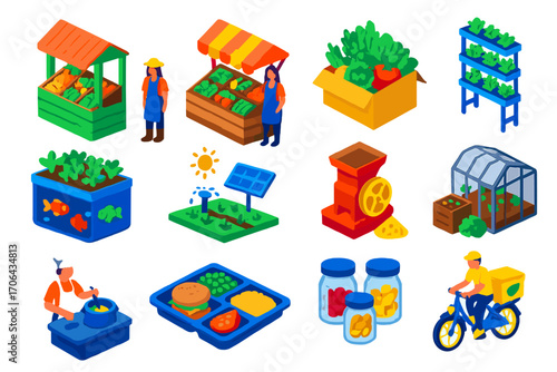 Sustainable Food Icons. Isometric vector illustration set Sustainable food systems: organic farm stand, farmers market stall, CSA