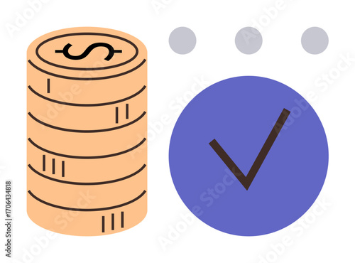Stack of coins beside a large checkmark conveying financial achievement, verified transactions, and reliability. Ideal for finance, business, investments, savings, validation, success simple flat