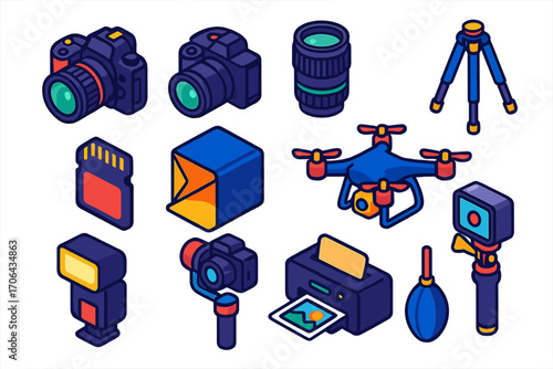 Colorful Camera Equipment Icons. Isometric vector illustration set Photography equipment: DSLR camera, mirrorless camera, camera