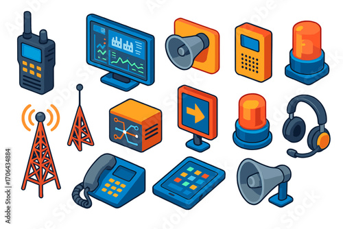 Industrial Communication Icons. Isometric vector illustration set Industrial communication: walkie-talkie, control room screen,