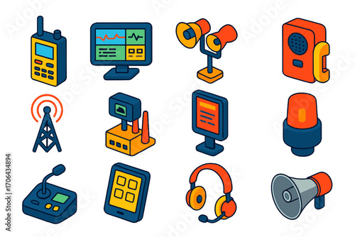 Industrial Communication Icons. Isometric vector illustration set Industrial communication: walkie-talkie, control room screen,
