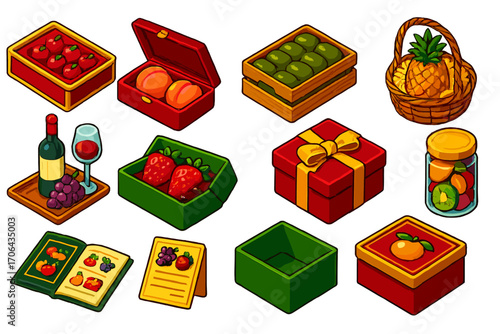 Luxury Fruit Gift Boxes. Isometric vector illustration set Luxury fruit gift box: cherry gift tray, peach velvet box, kiwi wooden