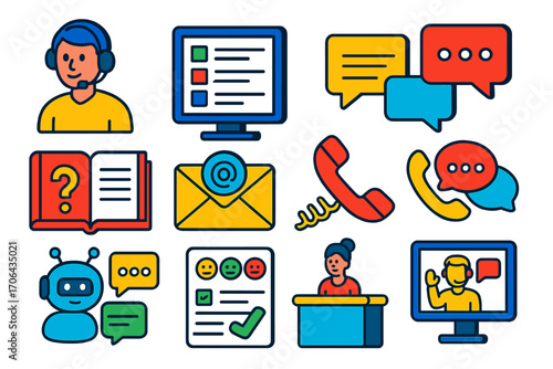 Vibrant Support Icons. Isometric vector illustration set Customer support center: call center agent headset, support ticket system