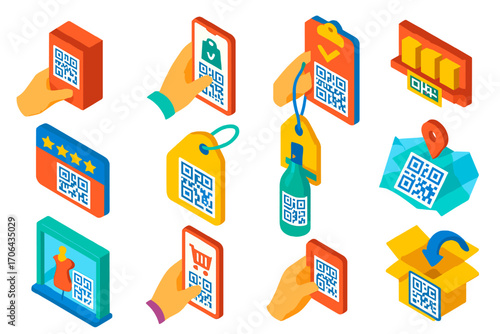 Colorful QR Code Icons. Isometric vector illustration set QR code in retail: QR code for product info, QR code discount offer, QR