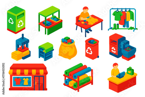 Textile Recycling Icons. Isometric vector illustration set Textile recycling: clothes donation bin, fabric sorting table, textile