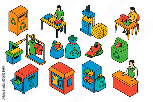 Textile Recycling Icons. Isometric vector illustration set Textile recycling: clothes donation bin, fabric sorting table, textile