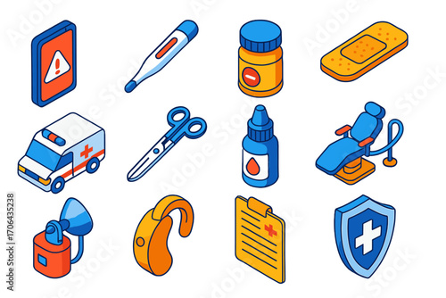 Healthcare App Icon Set. Isometric vector illustration set healthcare app icons: mobile app with medical alerts, thermometer, pill