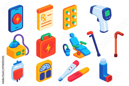 Healthcare App Icon Set. Isometric vector illustration set healthcare app icons: mobile app with emergency button, prescription