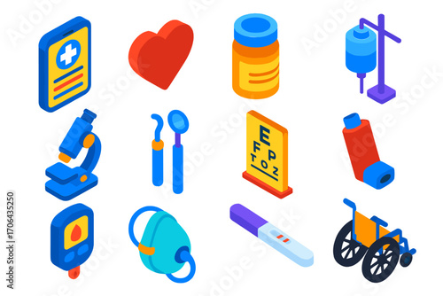Healthcare App Icons. Isometric vector illustration set healthcare app icons: mobile health record, heart icon, pill bottle with