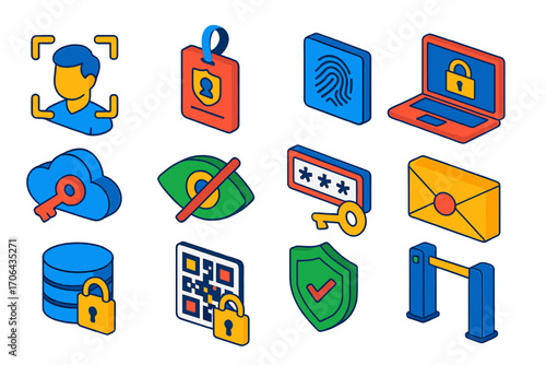 Digital Security Icons. Isometric vector illustration set digital identity and privacy: face ID frame, security badge, fingerprint