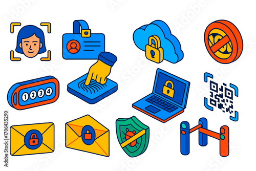 Digital Security Icons. Isometric vector illustration set digital identity and privacy: face ID frame, security badge, fingerprint