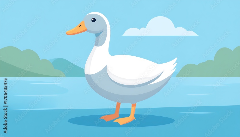 Fototapeta premium Cute cartoon duck by a lake