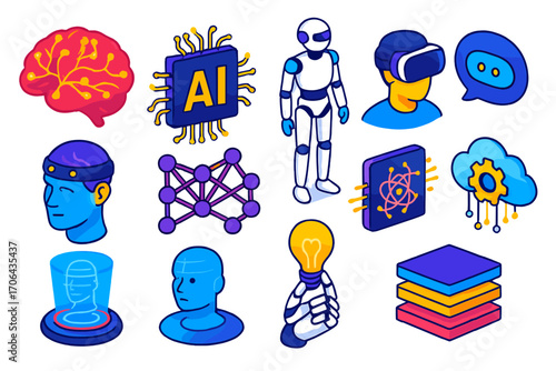 AI and Brainwave Icons. Isometric vector illustration set artificial intelligence and brainwave technology: brain with glowing