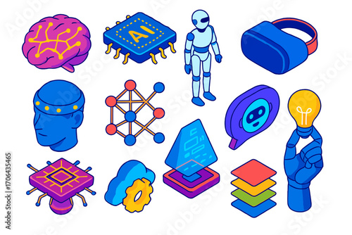 AI and Brainwave Icons. Isometric vector illustration set artificial intelligence and brainwave technology: brain with glowing