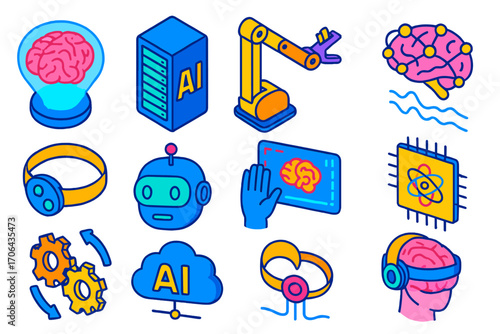 AI Technology Icons. Isometric vector illustration set artificial intelligence and brainwave technology: brain hologram sphere, AI