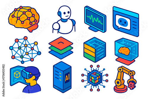 AI Technology Icons. Isometric vector illustration set artificial intelligence and brainwave technology: brain with sensor grid,
