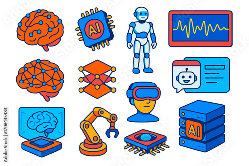 AI Technology Icons. Isometric vector illustration set artificial intelligence and brainwave technology: brain with sensor grid,