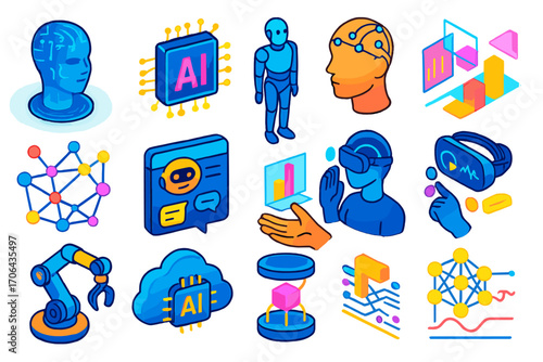 AI Brainwave Technology Icons. Isometric vector illustration set artificial intelligence and brainwave technology: holographic