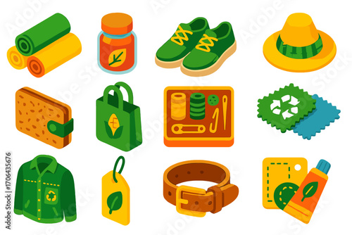 Sustainable Fashion Icons. Isometric vector illustration set sustainable fashion icons: organic fabric rolls, natural dye jar,