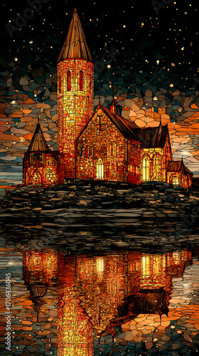 An illuminated church with tall towers is depicted in a stained-glass mosaic style, reflecting its warm glow on the water under a starry night sky.

